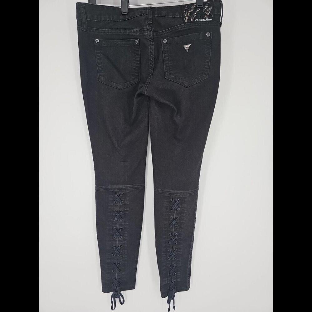 Y2K Guess Women's Skinny Jeans 27 Black with Mid Leg Lace Up in Back